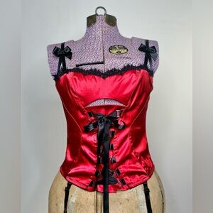 Y2K Frederick’s Of Hollywood Red Corset Bustier Top w/ Bows and Garter Straps S
